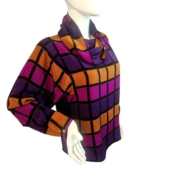 Christian Dior Separates 80s Silk Blouse Size 6/8 Purple Multi 3/4 Slv Cowl Neck - Picture 1 of 8